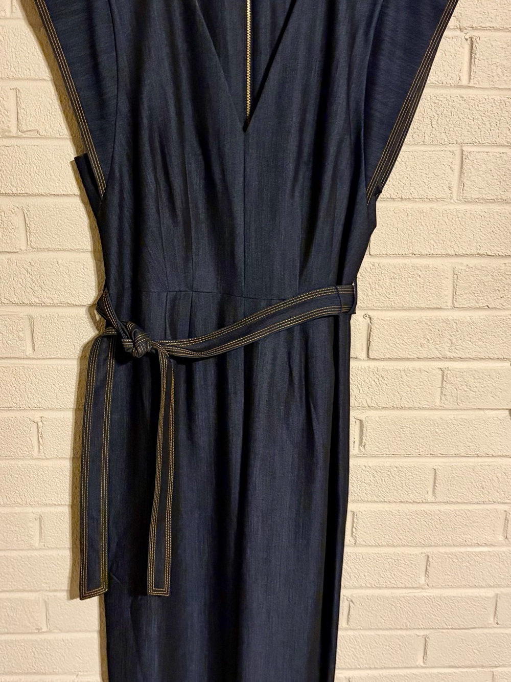 Calvin Klein Dark Wash Denim Chambray Jumpsuit with Contrast Stitching